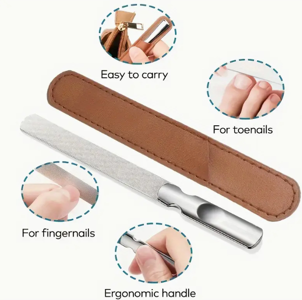 LANSGA Metal Nail File with Travel Leather Case, Medium Grit for Acrylic Nails Stainless Steel Fingernail File for Men and Women, Heavy Duty for Thick Toenails, Mini Small Travel Nail Filer Portable