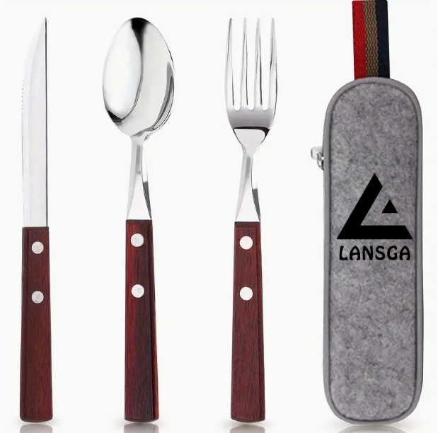 LANSGA PREMIUM QUALITY Stainless Steel travel utensils Set with case, Healthy & Eco-Friendly 3pc Full Size Fork, Spoon, Portable, reusable utensils with case